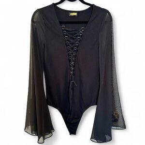 Nasty Gal Black Mesh Bell Sleeve Deep Plunge Lace-Up Bodysuit-XL-Whimsigoth